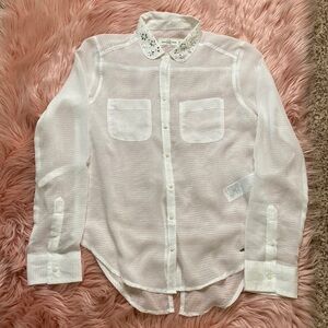 Abercrombie & Fitch Ivory Sheer Button Down Blouse w/Pearl/Rhinestone Collar, XS